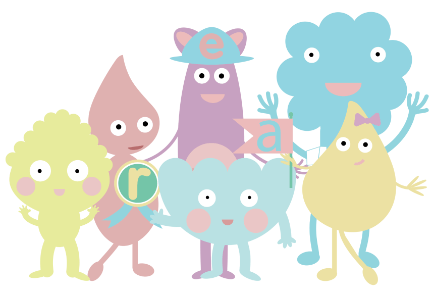 The group of myHappymind character used to help enforce the lessons of the programme. The characters feature in the mental health and wellbeing for Primary Schools and Early years programmes.