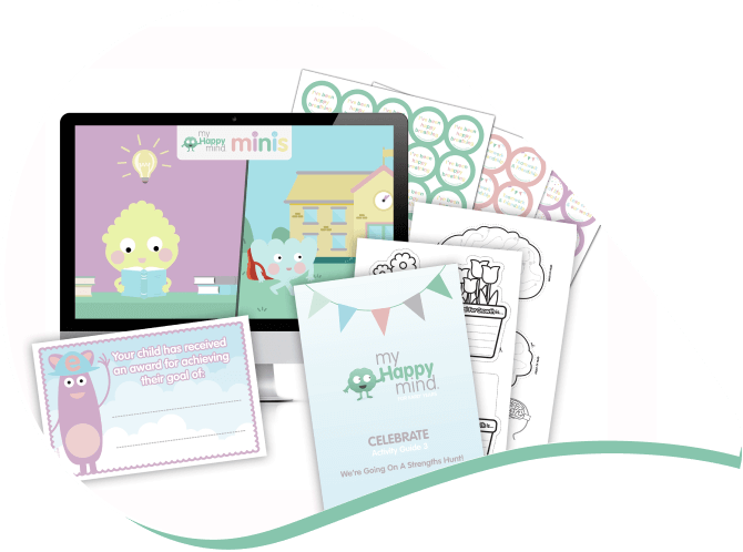 An image of some of the physical and digital resources that schools and nurseries get when starting the myHappymind programme.