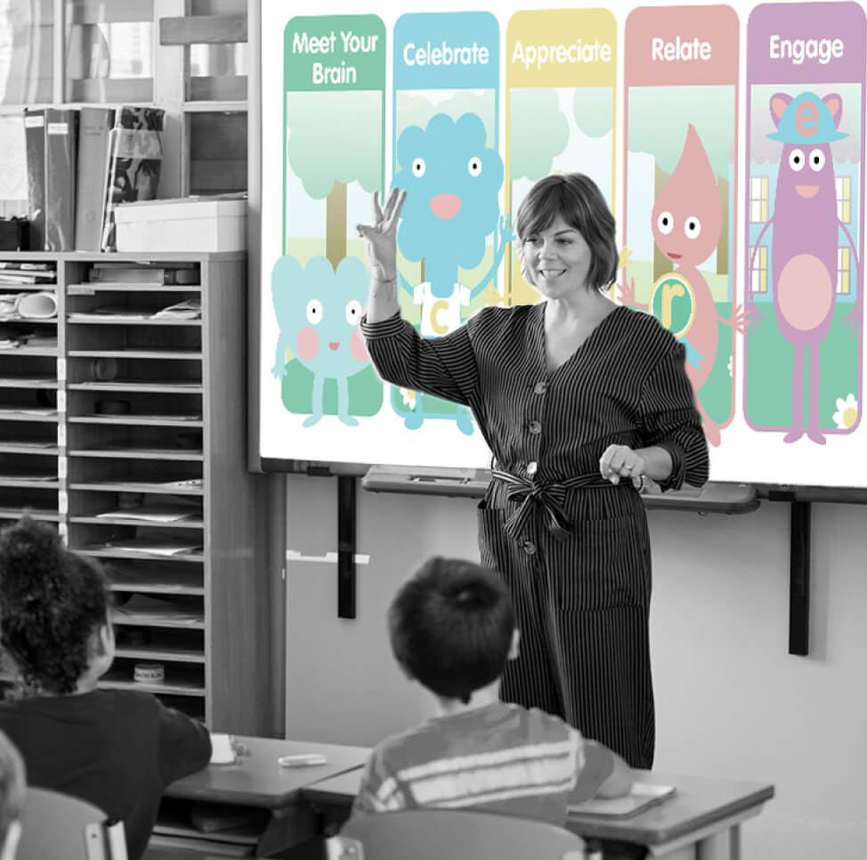 Image of a teacher using the myHappymind wellbeing programme for primary schools and teaching to a class