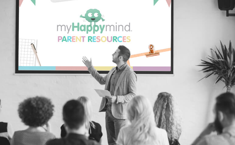 myHappymind Speaker header image displaying a presentation showing the mental health and wellbeing parent resources