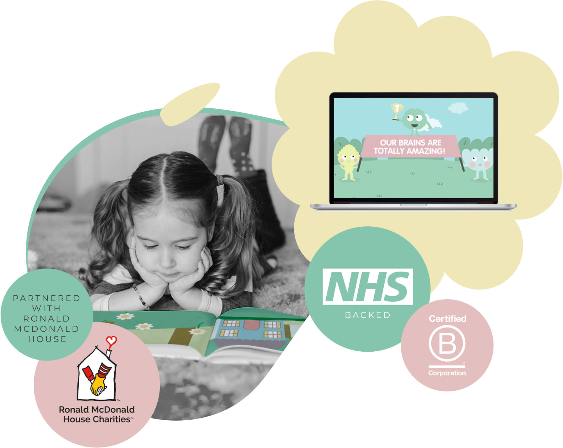 myHappymind mental health and wellbeing website header image featuring and image of course content, the NHS Backed and B Corporation logos. As well as the Ronald McDonald House Charity logo.