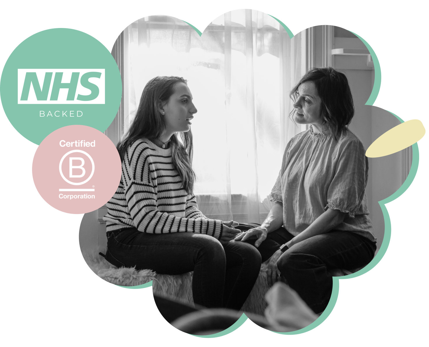 myHappymind Families mental health and wellbeing program with the NHS Backed and B Corporation Logos