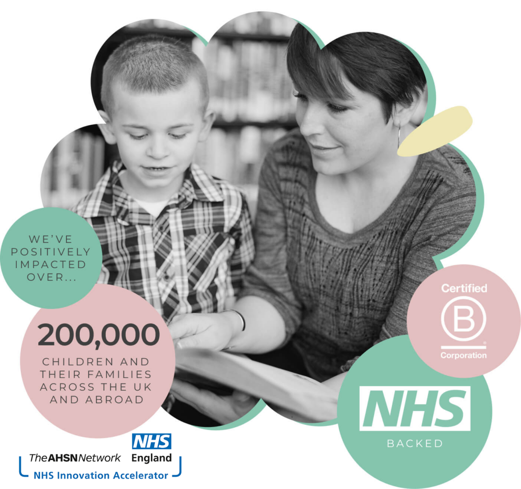 myHappymind mental health and wellbeing nurseries programme. Bcorp, NHS backed and NHS innovator accelerator logos. Text stating that myHapymind have positively impacted over 200,000 children and their families across the UK and abroad.