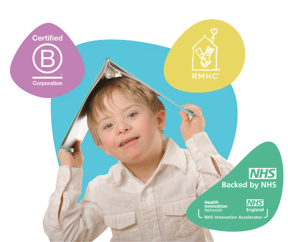myHappymind mental health and wellbeing programme header image. Bcorp, NHS backed and NHS innovator accelerator logos. Along with the Ronald McDonald charity logo that we work with.