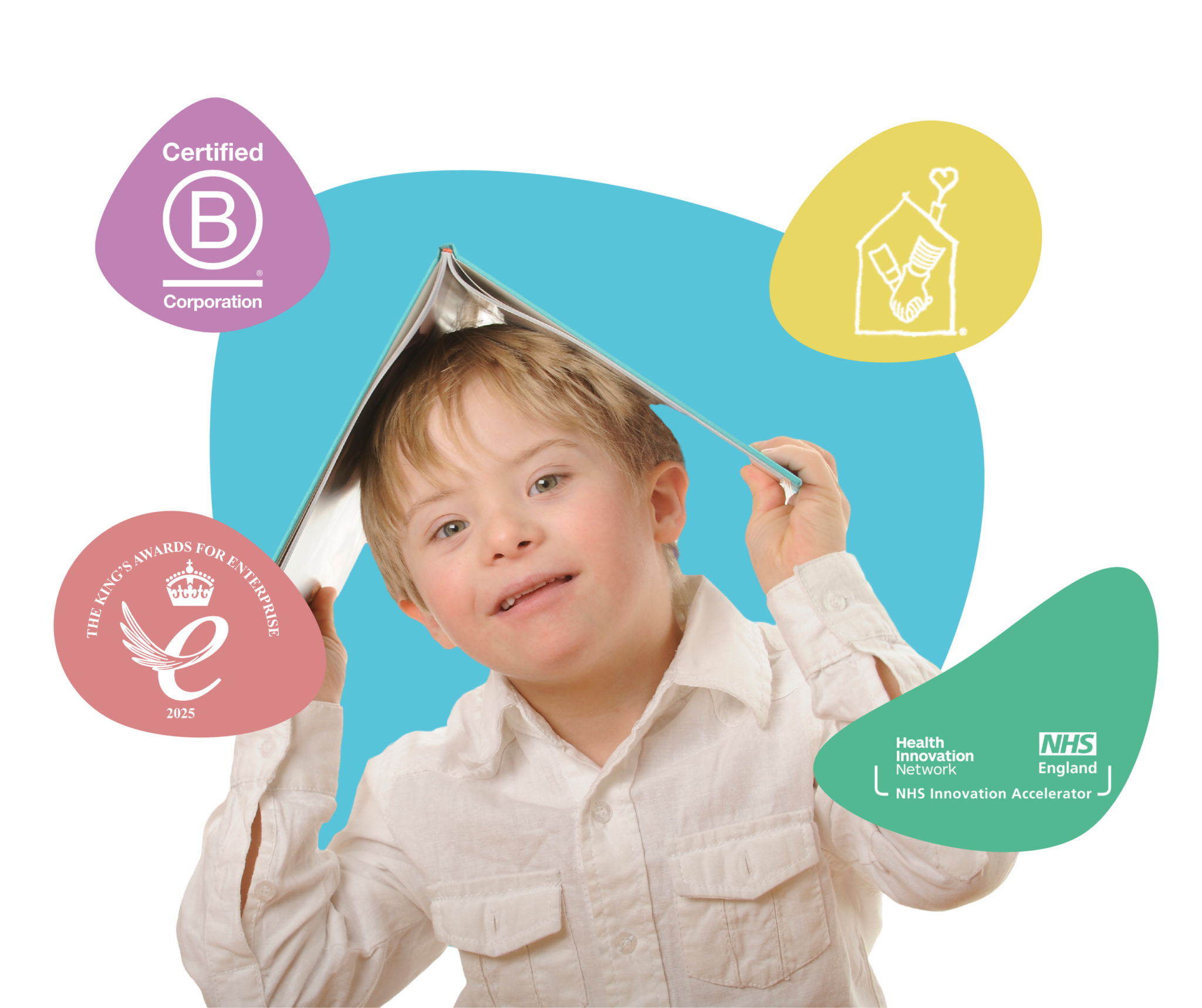 myHappymind Header Image showing the smiling boy. myHappymind is a part of the NHS Innovation Accelerator programme and is a certified B Corporation and part of the NHS Innovation Accelerator programme and the Kings award for enterprise logo