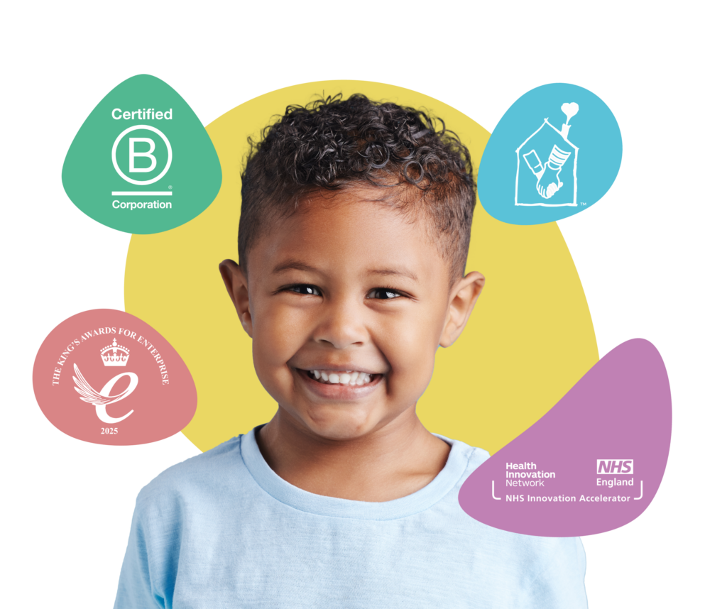 myHappymind Header Image showing the smiling boy. myHappymind is a part of the NHS Innovation Accelerator programme and is a certified B Corporation and part of the NHS Innovation Accelerator programme and the Kings award for enterprise logo