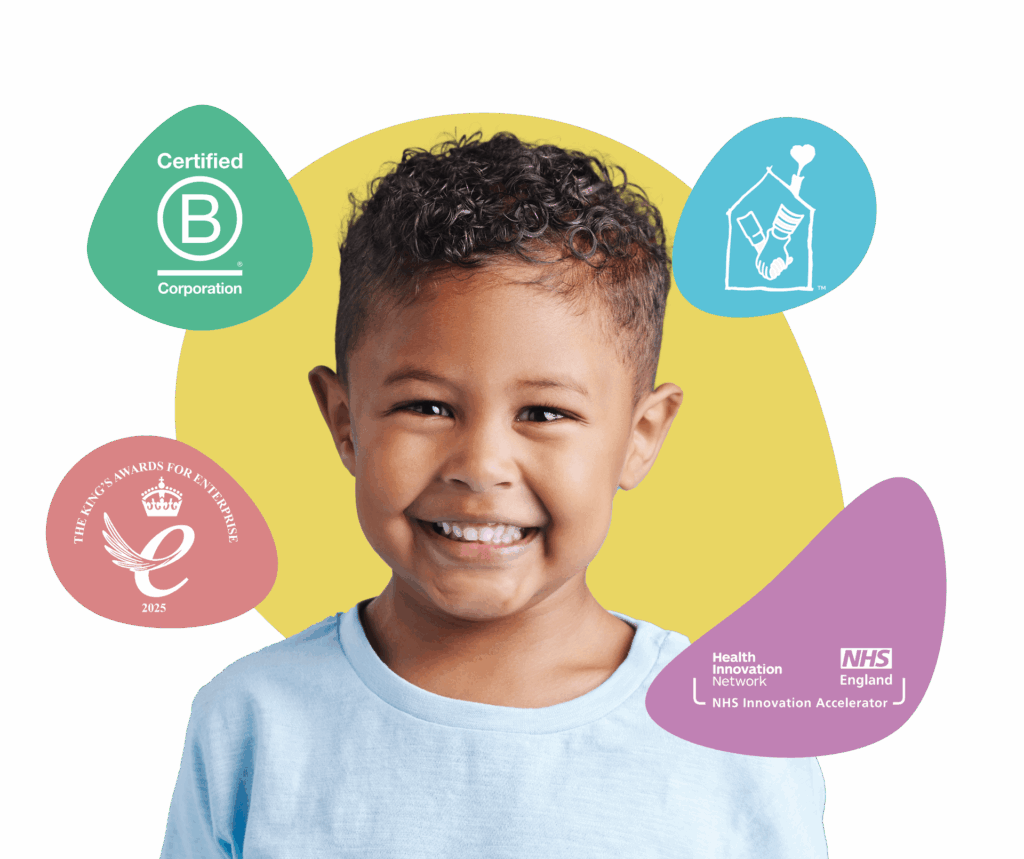 myHappymind Header Image showing the smiling boy. myHappymind is a part of the NHS Innovation Accelerator programme and is a certified B Corporation and part of the NHS Innovation Accelerator programme and the Kings award for enterprise logo