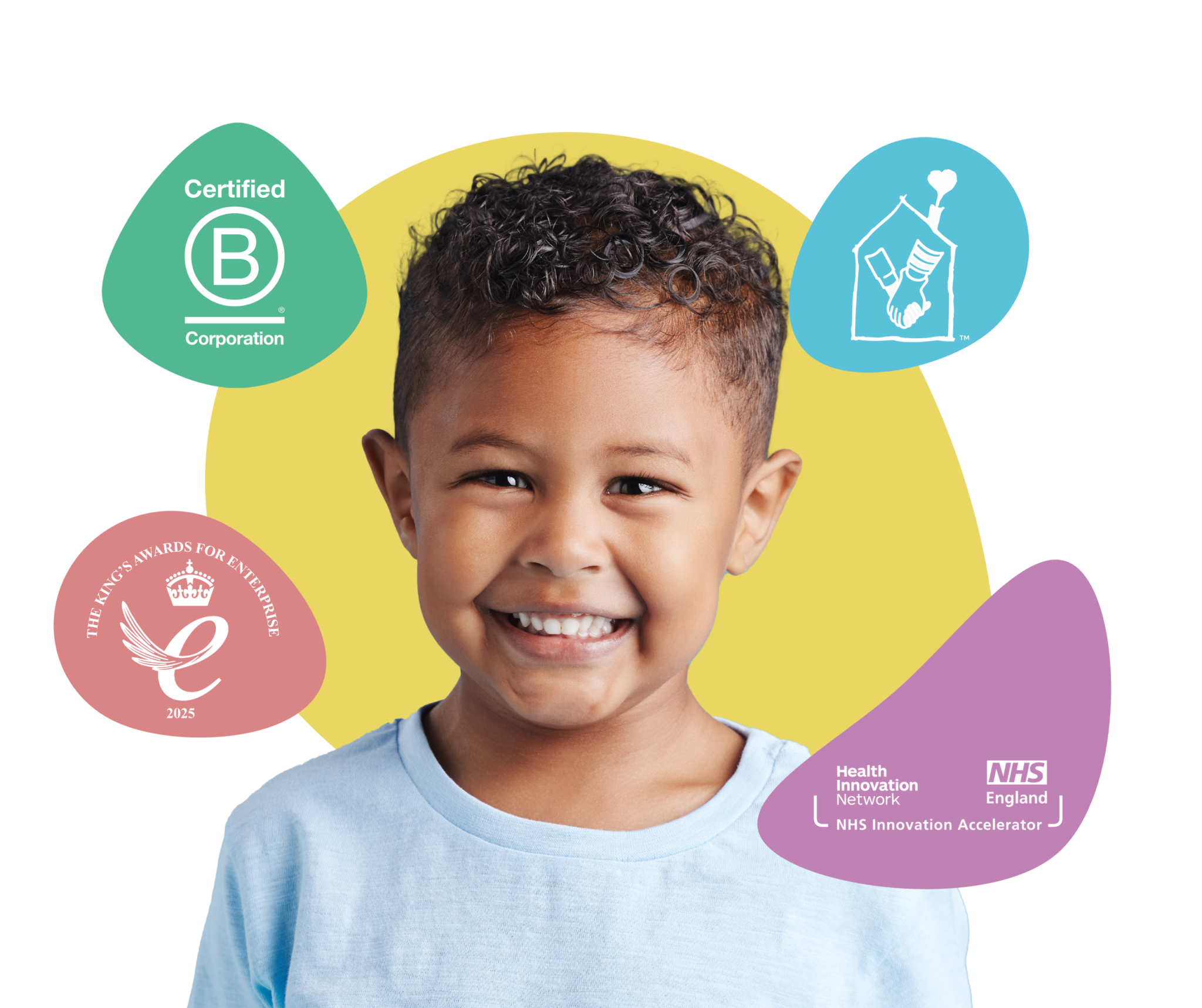 myHappymind Header Image showing the smiling boy. myHappymind is a part of the NHS Innovation Accelerator programme and is a certified B Corporation and part of the NHS Innovation Accelerator programme and the Kings award for enterprise logo