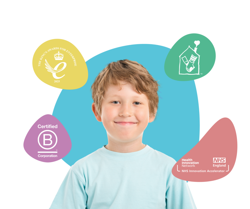 myHappymind Header Image showing the smiling boy. myHappymind is a part of the NHS Innovation Accelerator programme and is a certified B Corporation and part of the NHS Innovation Accelerator programme and the Kings award for enterprise logo