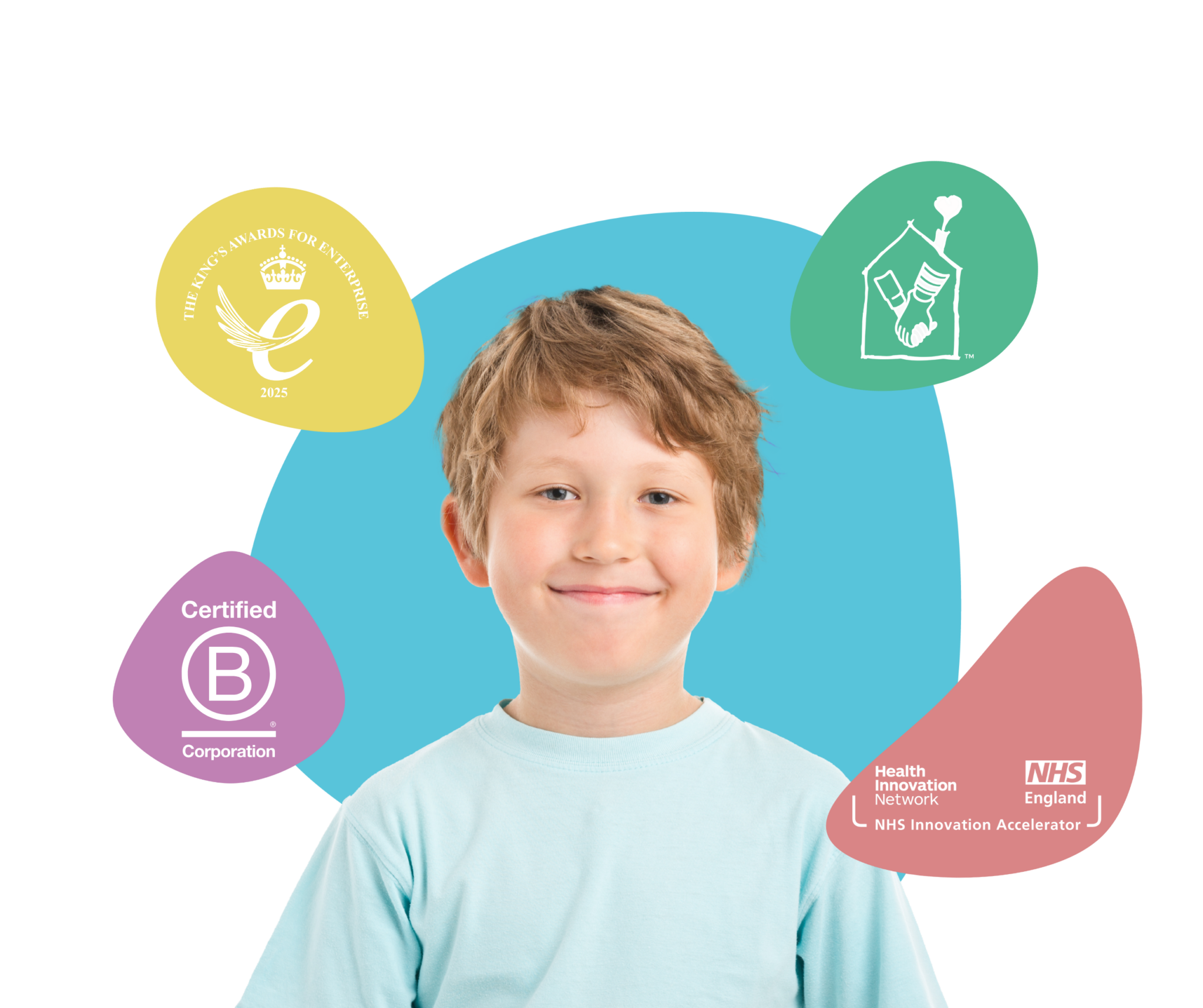 myHappymind Header Image showing the smiling boy. myHappymind is a part of the NHS Innovation Accelerator programme and is a certified B Corporation and part of the NHS Innovation Accelerator programme and the Kings award for enterprise logo