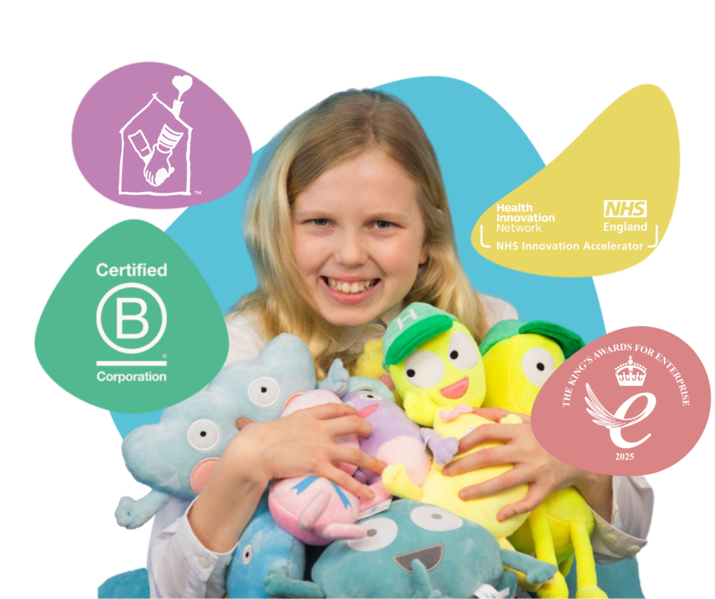myHappymind Header Image showing the smiling girl. myHappymind is a part of the NHS Innovation Accelerator programme and is a certified B Corporation and part of the NHS Innovation Accelerator programme and the Kings award for enterprise logo