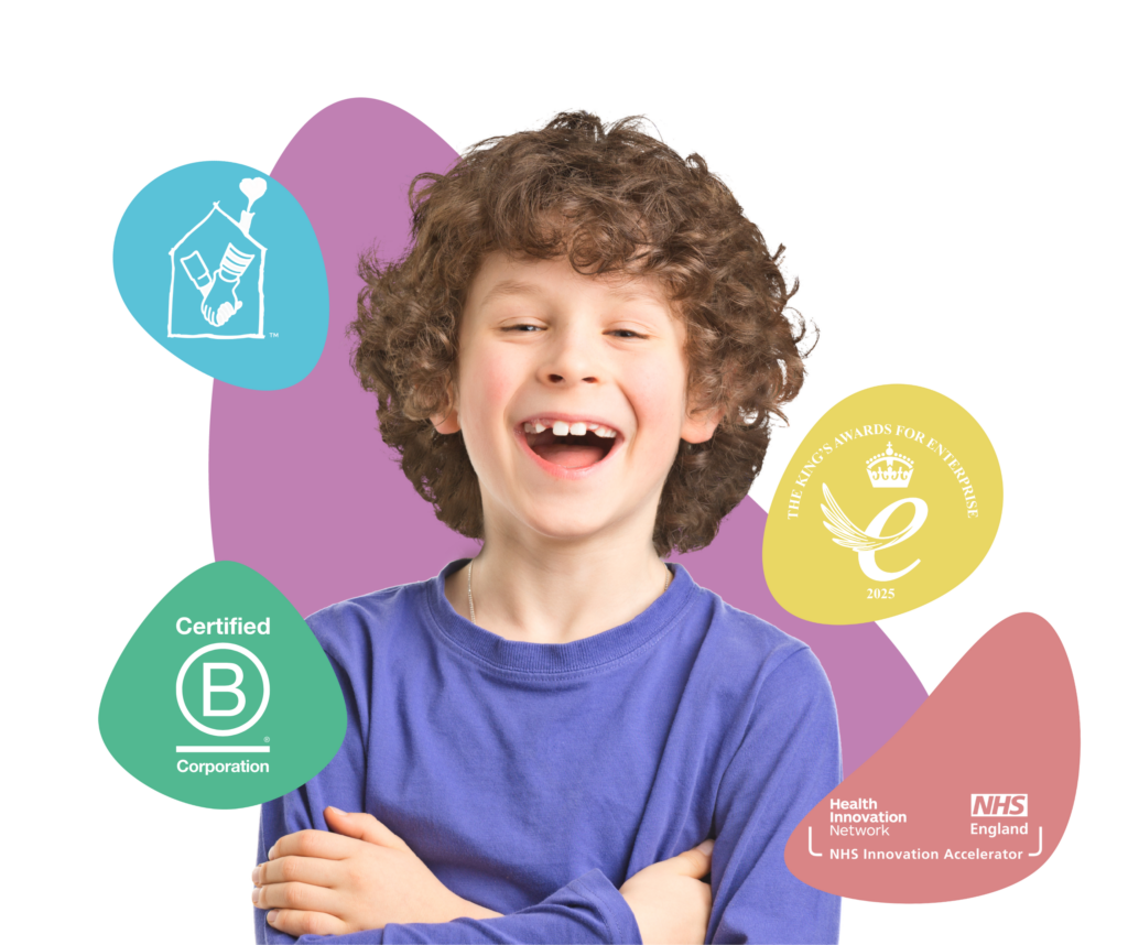 myHappymind Header Image showing the smiling boy. myHappymind is a part of the NHS Innovation Accelerator programme and is a certified B Corporation and part of the NHS Innovation Accelerator programme and the Kings award for enterprise logo