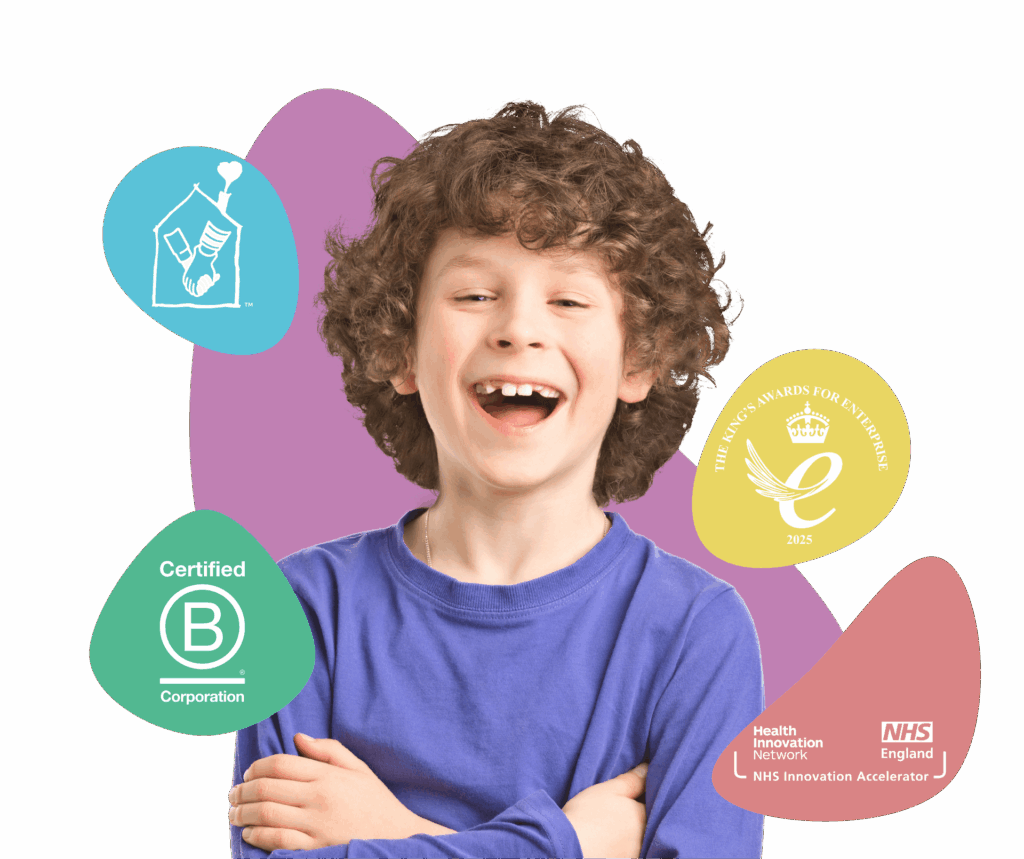 myHappymind Header Image showing the smiling boy. myHappymind is a part of the NHS Innovation Accelerator programme and is a certified B Corporation and part of the NHS Innovation Accelerator programme and the Kings award for enterprise logo