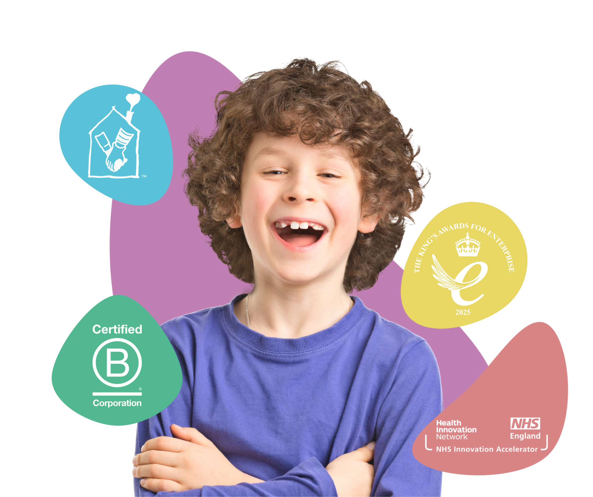 myHappymind Header Image showing the smiling boy. myHappymind is a part of the NHS Innovation Accelerator programme and is a certified B Corporation and part of the NHS Innovation Accelerator programme and the Kings award for enterprise logo