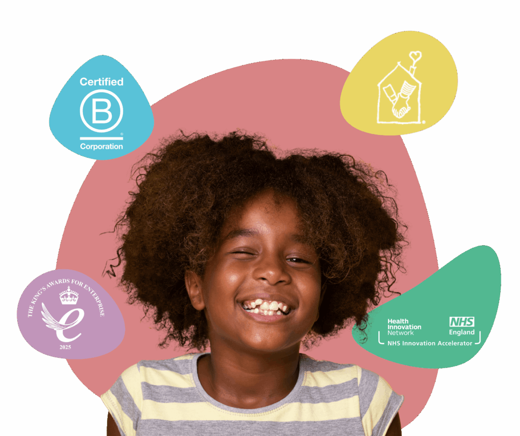 myHappymind Header Image showing the smiling girl. myHappymind is a part of the NHS Innovation Accelerator programme and is a certified B Corporation and part of the NHS Innovation Accelerator programme and the Kings award for enterprise logo