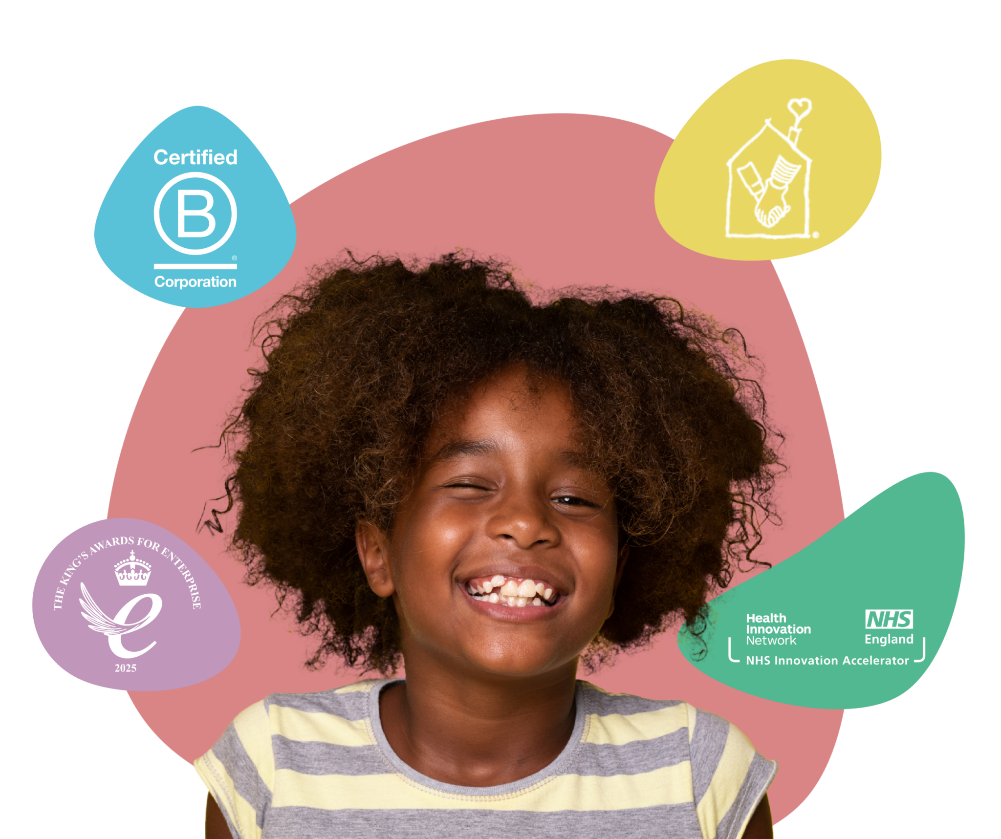 myHappymind Header Image showing the smiling girl. myHappymind is a part of the NHS Innovation Accelerator programme and is a certified B Corporation and part of the NHS Innovation Accelerator programme and the Kings award for enterprise logo