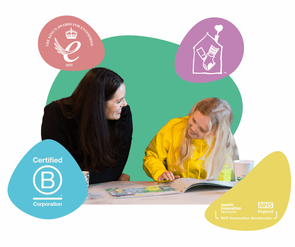 myHappymind Header Image showing the smiling girl with myHappymind founder, Laura Earnshaw. myHappymind is a part of the NHS Innovation Accelerator programme and is a certified B Corporation and part of the NHS Innovation Accelerator programme and the Kings award for enterprise logo