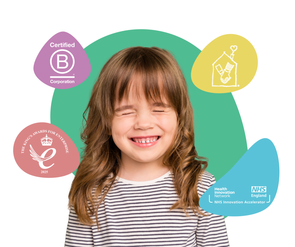 myHappymind Header Image showing the smiling girl. myHappymind is a part of the NHS Innovation Accelerator programme and is a certified B Corporation and part of the NHS Innovation Accelerator programme and the Kings award for enterprise logo