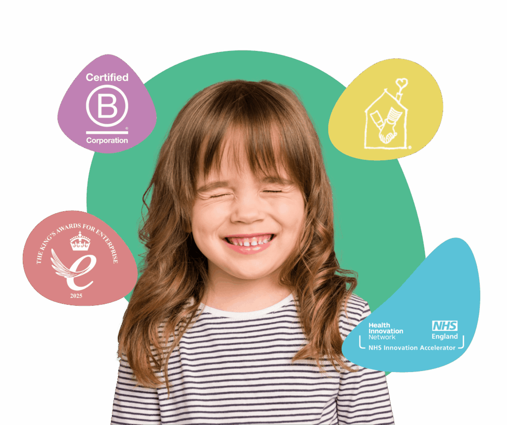myHappymind Header Image showing the smiling girl. myHappymind is a part of the NHS Innovation Accelerator programme and is a certified B Corporation and part of the NHS Innovation Accelerator programme and the Kings award for enterprise logo