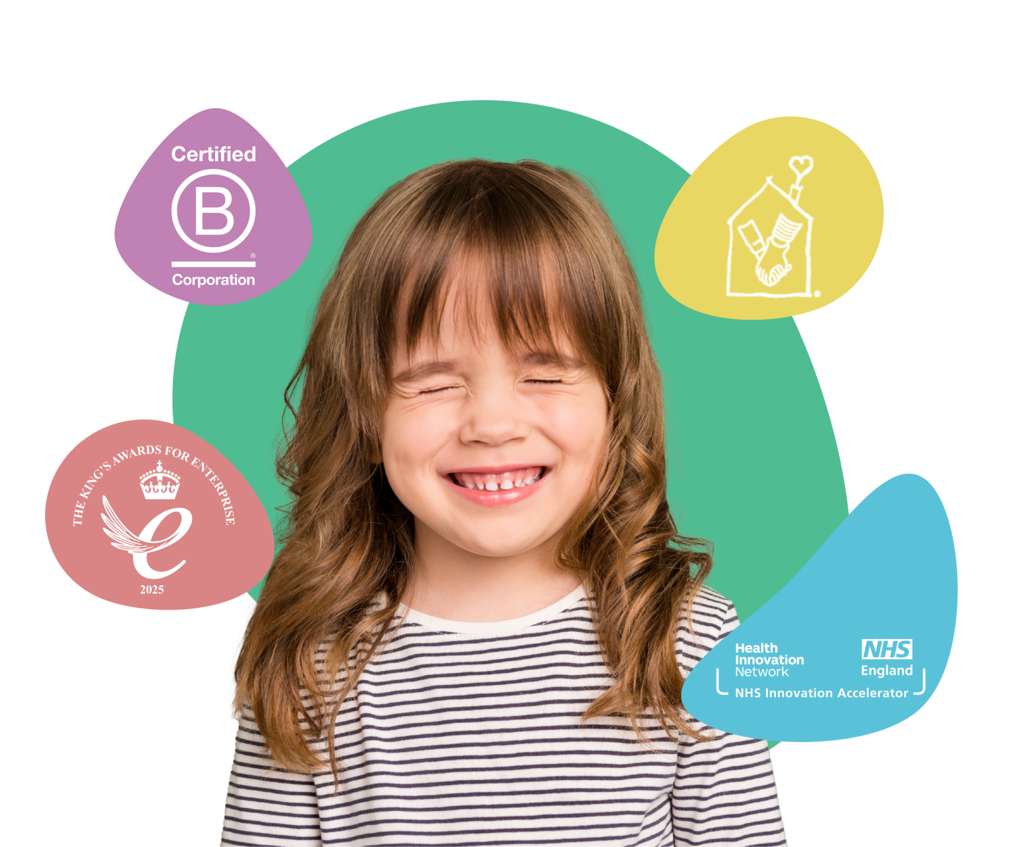myHappymind Header Image showing the smiling girl. myHappymind is a part of the NHS Innovation Accelerator programme and is a certified B Corporation and part of the NHS Innovation Accelerator programme and the Kings award for enterprise logo