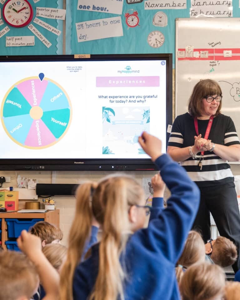 Image of children taking part in a myHappymind lesson in a school classroom