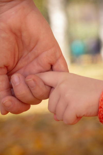 Image of parent holding the hand of a young child